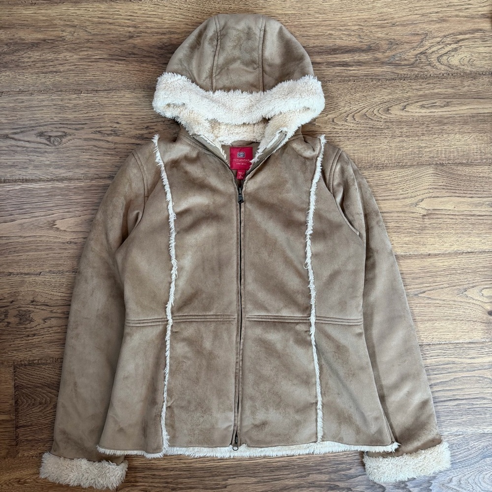 Faded Glory 90s Y2K Penny Lane Faux Suede Fur Trim Coat Jacket Womens Large EUC